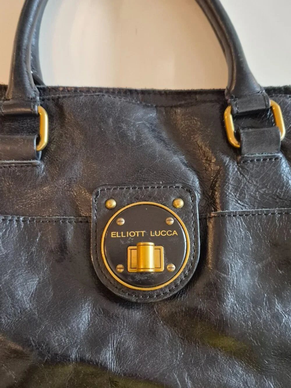 Elliott Lucca Black Genuine Leather Satchel Gold Turn Lock Handbag Purse